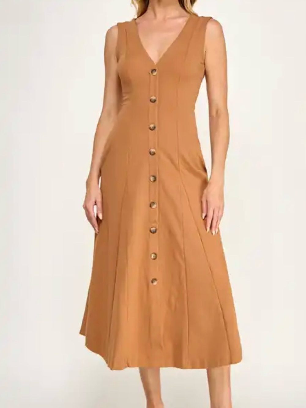 NWT Pleated Sleeveless Button-Front Midi Dress - Camel/Tan
